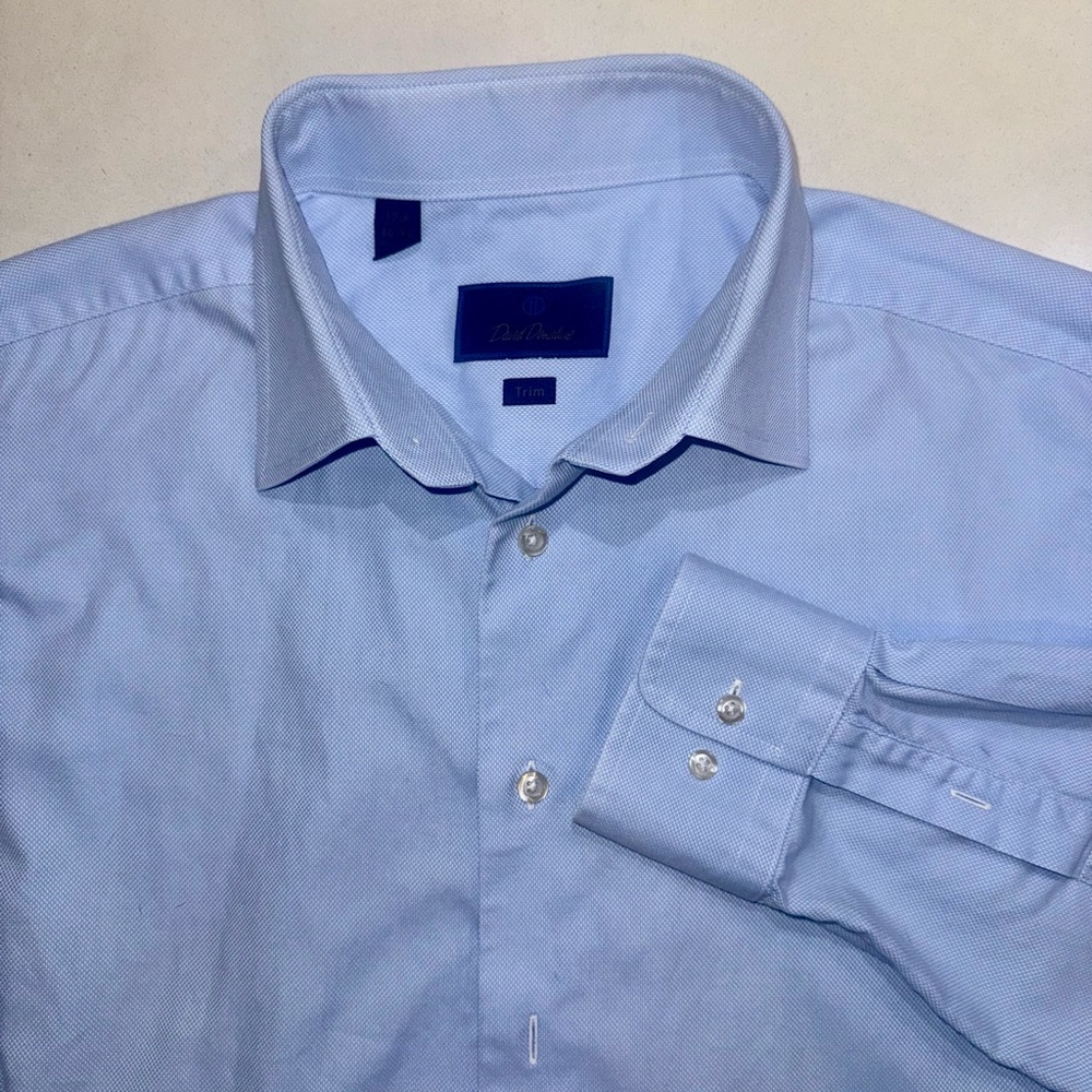17.5 36-37 David Donahue Blue Dress Shirt Excellent Extra Buttons No Stains